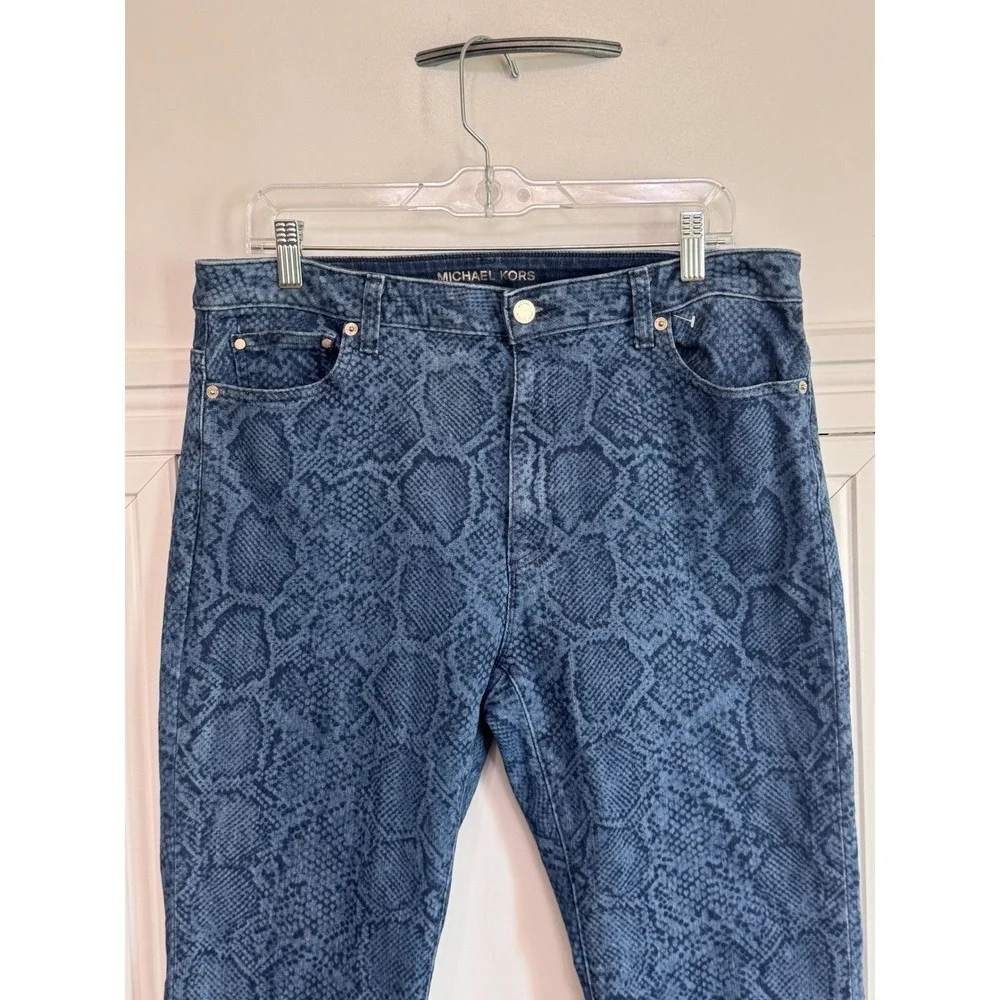 Michael Kors Blue Snakeskin Print Jeans 14 High Rise Raw‎ Hem Stretch Denim